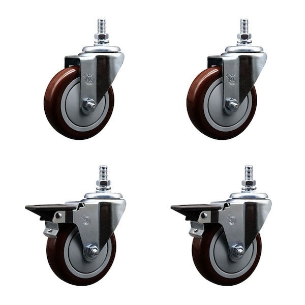 Service Caster 4 Inch Maroon Polyurethane 10 MM Threaded Stem Caster Set 2 Brakes SCC SCC-TS20S414-PPUB-MRN-M1015-2-PLB-2 - main